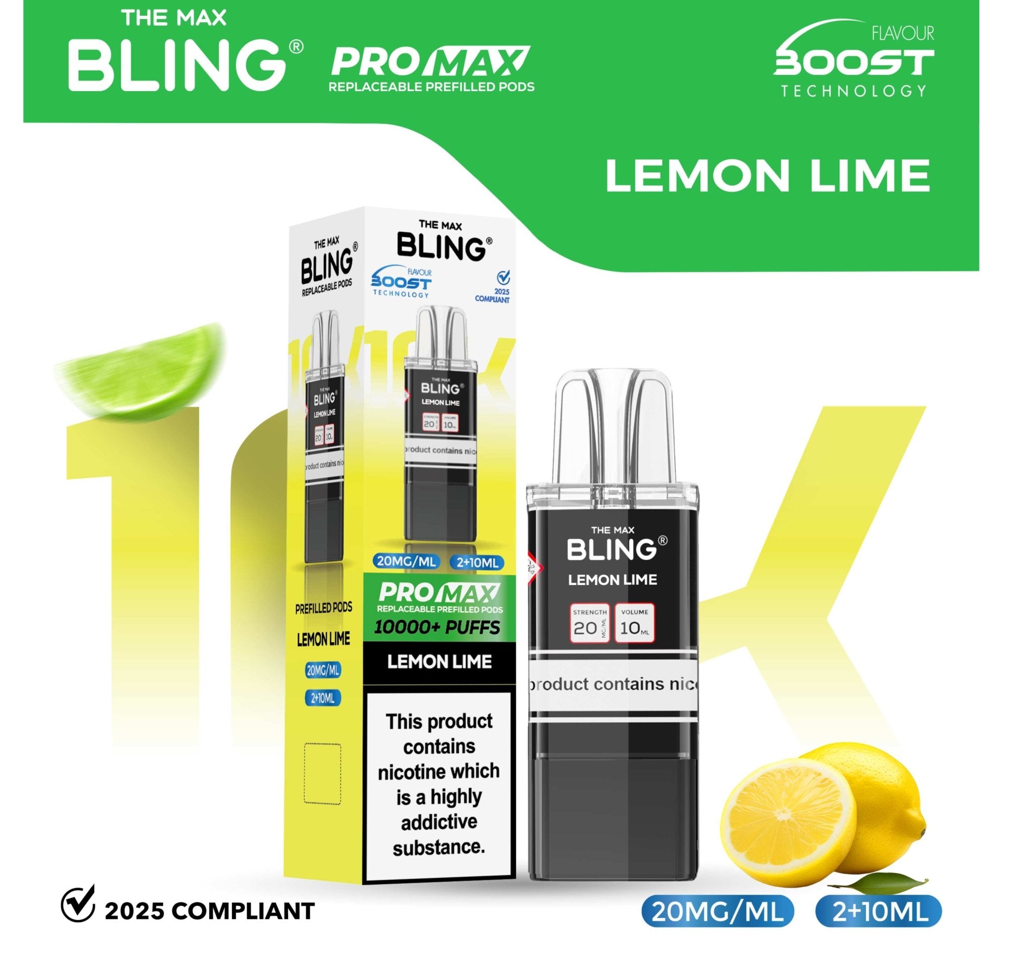 The Bling 10k Pro Max Replacement Pods (BOX OF 5) - Lemon Lime