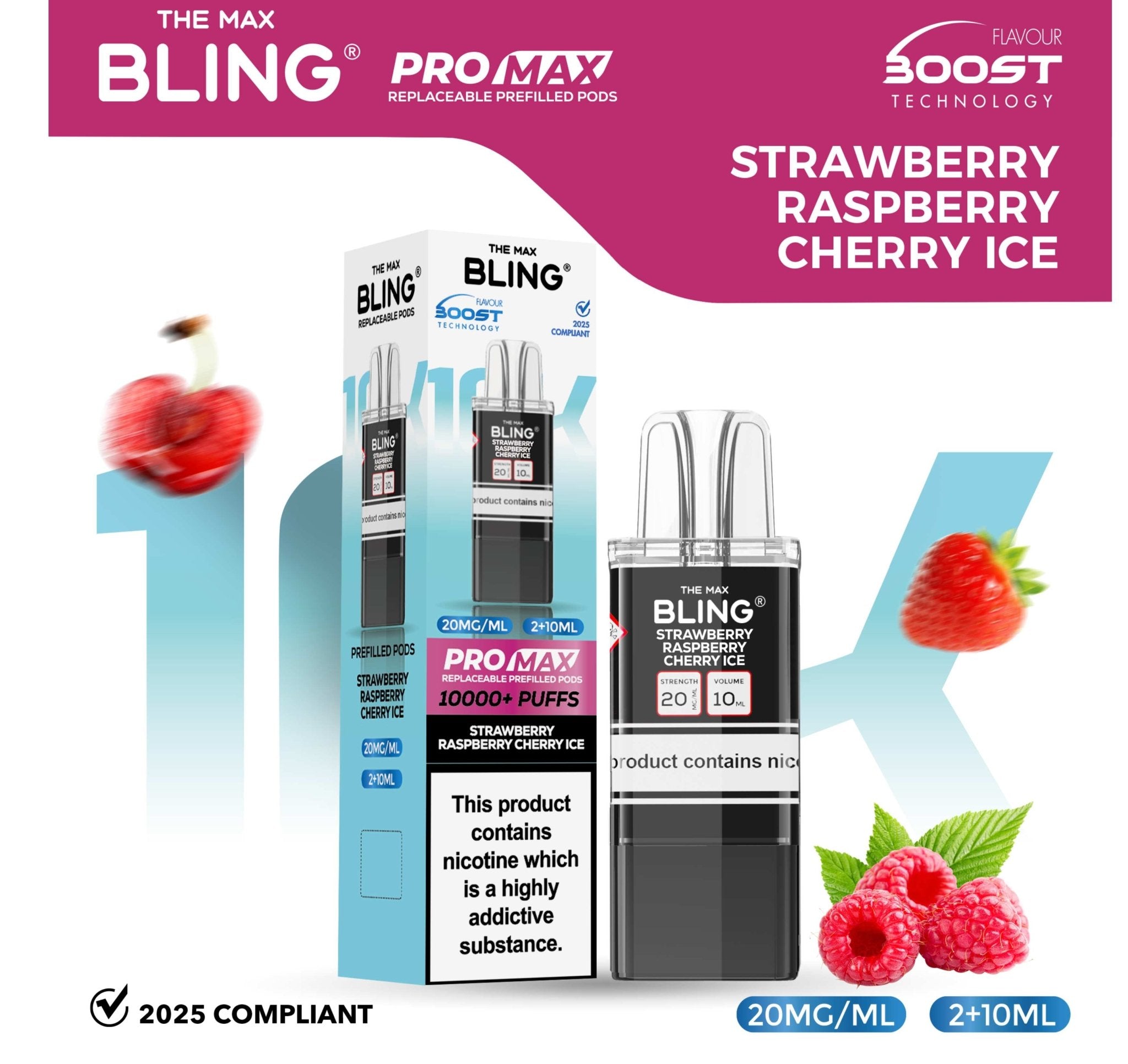 The Bling 10k Pro Max Replacement Pods (BOX OF 5) - Strawberry Raspberry Cherry Ice