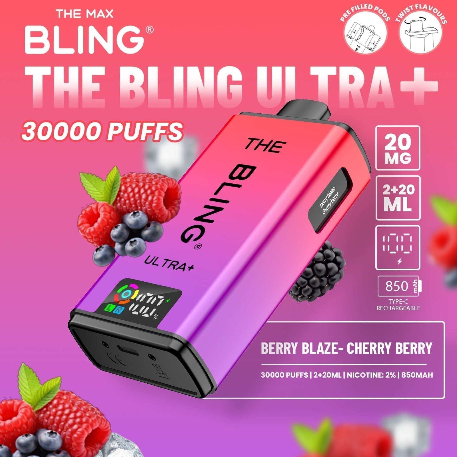 The Bling Ultra Plus 30k Prefilled Vape Pod Kit Box of 5 - Berry Blaze/Cherry Berry