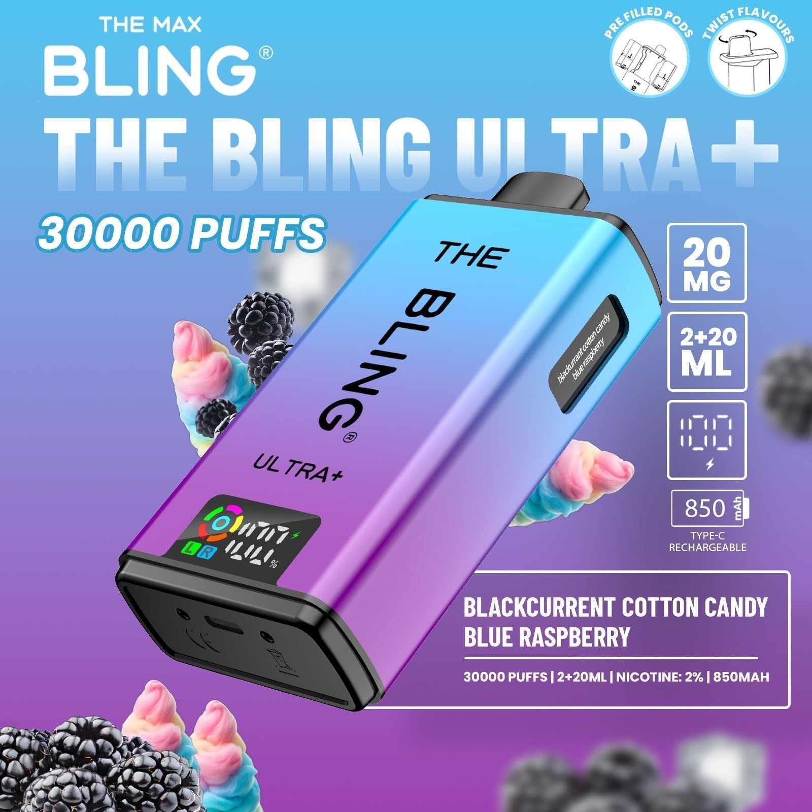 The Bling Ultra Plus 30k Prefilled Vape Pod Kit Box of 5 - Blackcurrant Cotton Candy/Blue Raspberry