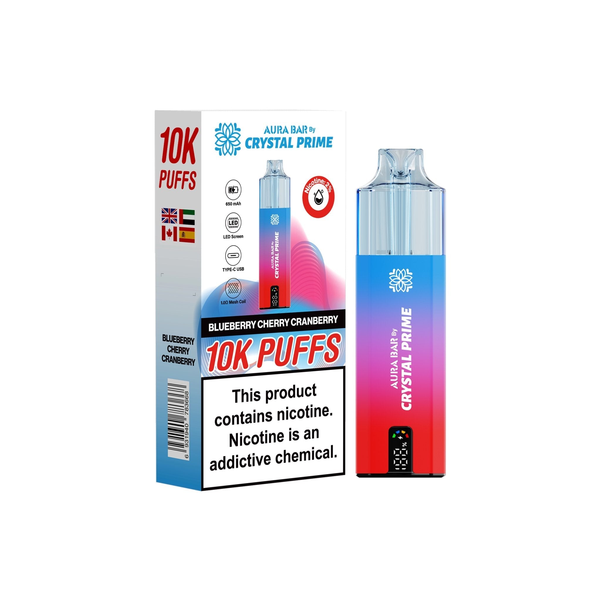 Crystal Prime 10000 Disposable Vape Pack of 5 - Blueberry Cherry Cranberry