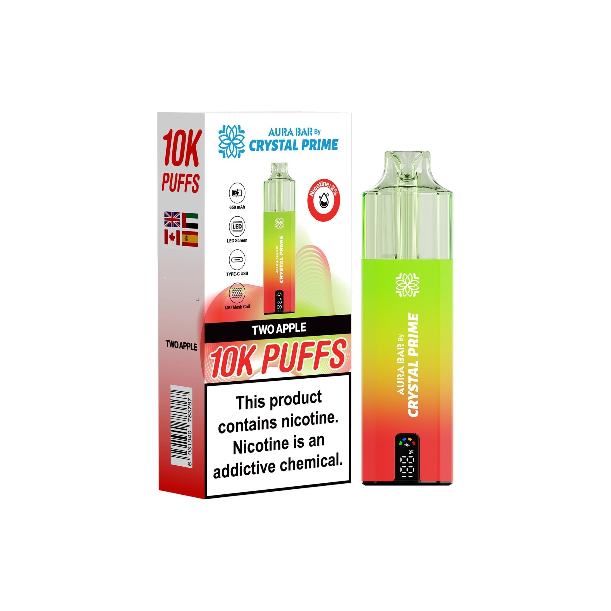 Crystal Prime 10000 Disposable Vape Pack of 5 - Two Apple