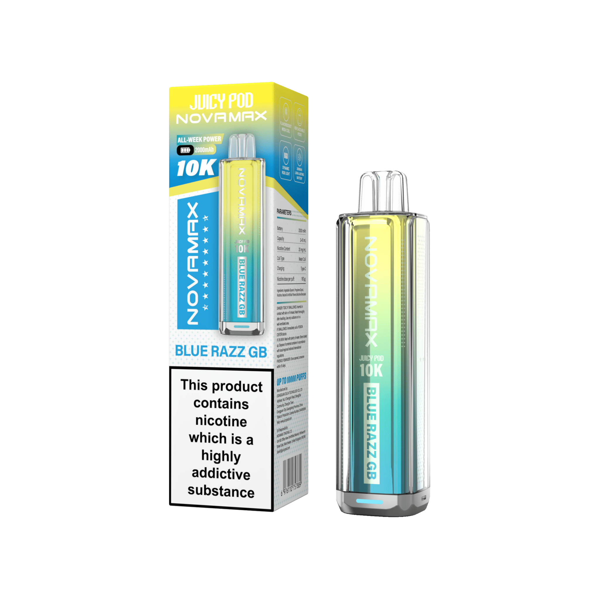 Juicy Pod Novamax 10k Prefilled Pod Vape Kit Pack of 5 - Blue Razz GB