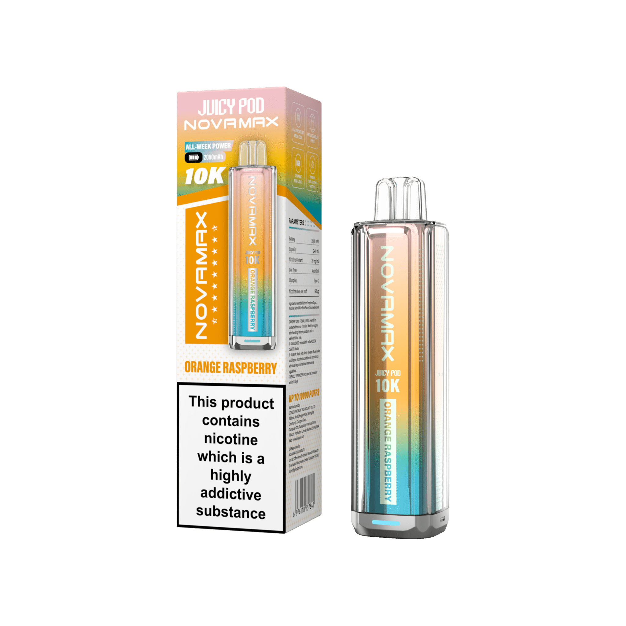 Juicy Pod Novamax 10k Prefilled Pod Vape Kit Pack of 5 - Orange Raspberry