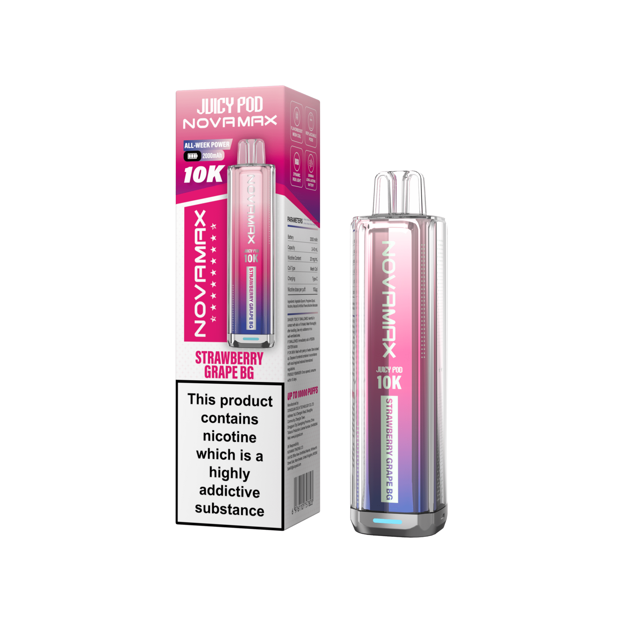 Juicy Pod Novamax 10k Prefilled Pod Vape Kit Pack of 5 - Strawberry Grape BG