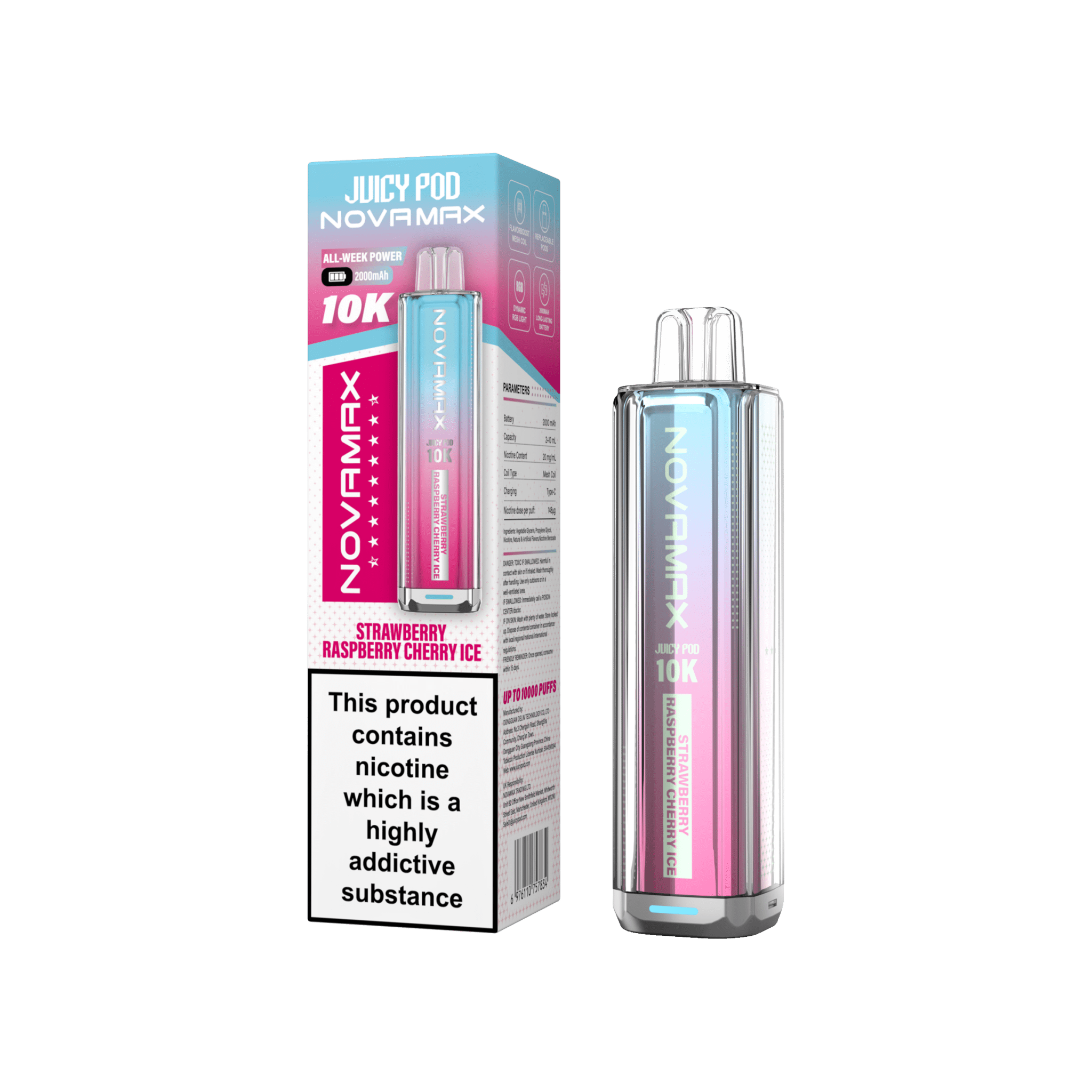 Juicy Pod Novamax 10k Prefilled Pod Vape Kit Pack of 5 - Strawberry Raspberry Cherry Ice
