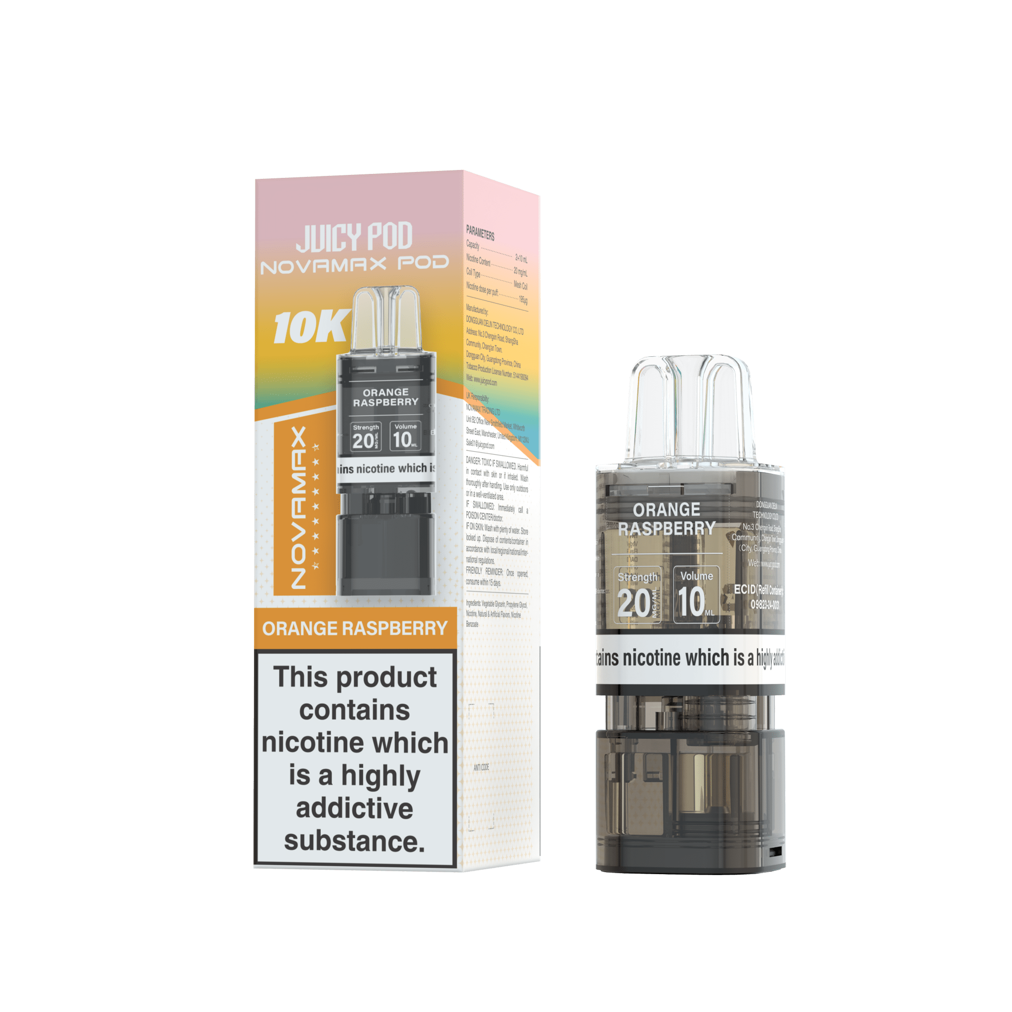 Juicy Pod Novamax 10k Replacement Pods - 10 pack - Orange Raspberry