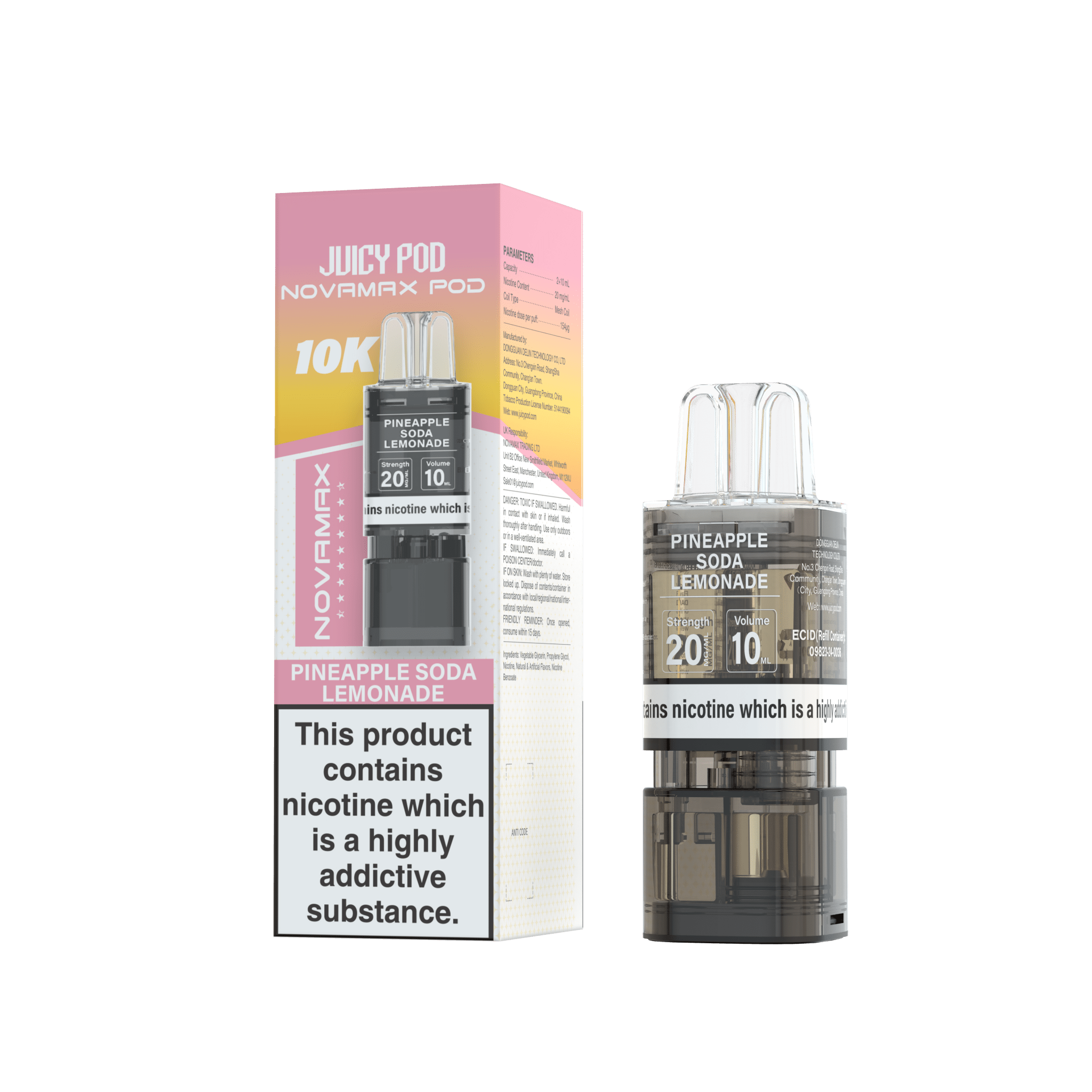 Juicy Pod Novamax 10k Replacement Pods - 10 pack - Pineapple Soda Lemonade