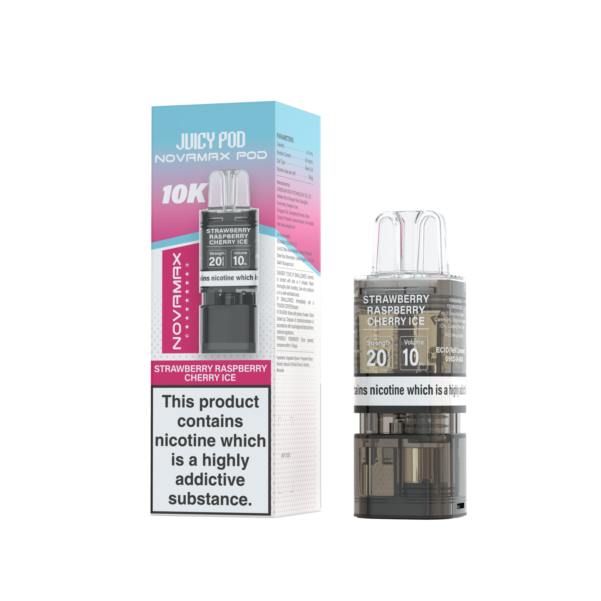 Juicy Pod Novamax 10k Replacement Pods - 10 pack - Strawberry Raspberry Cherry Ice