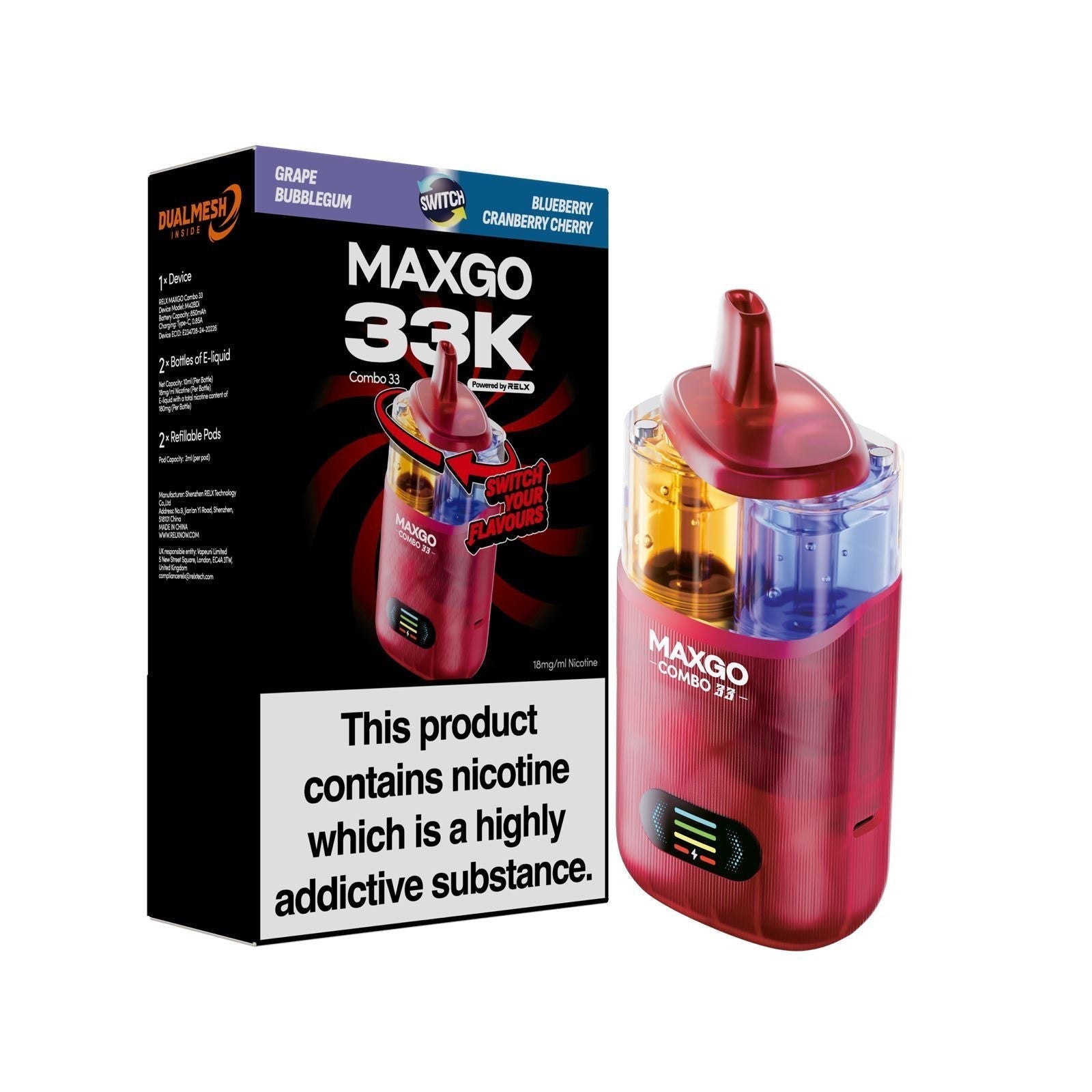 MAXGO 33k Prefilled Vape Kit Box of 5 - Blueberry Cranberry Cherry / Grape Bubble Gum