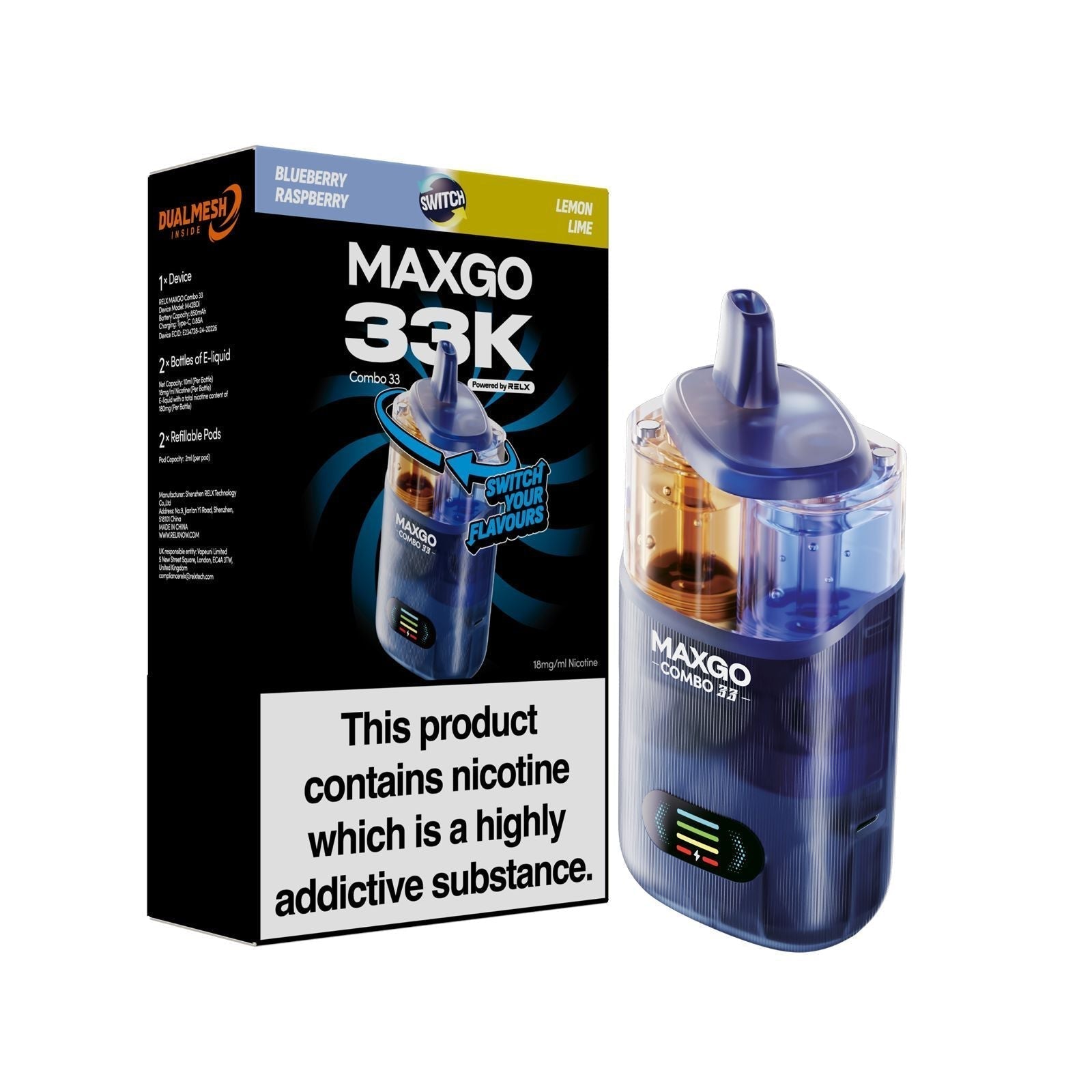 MAXGO 33k Prefilled Vape Kit Box of 5 - Blueberry Raspberry / Lemon Lime