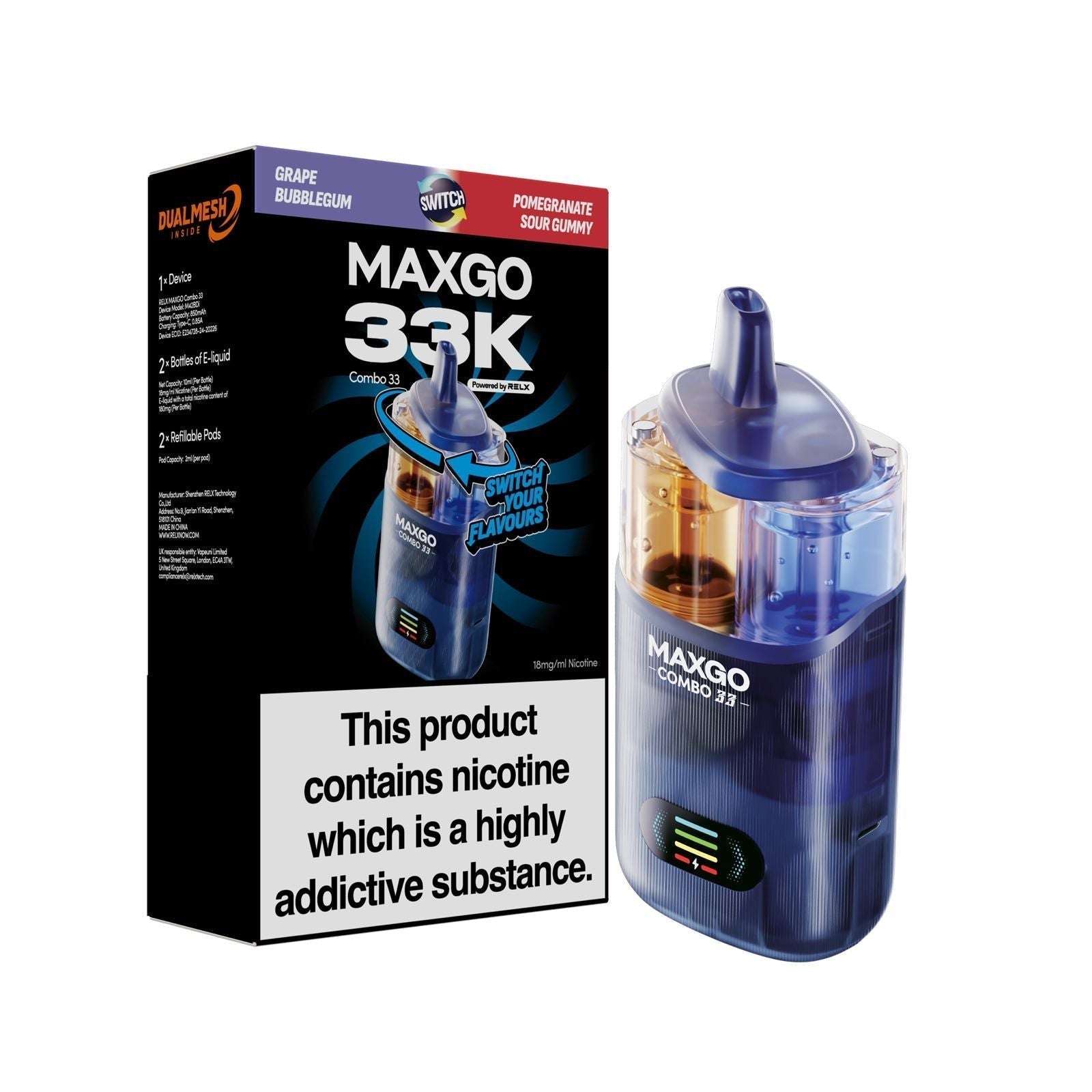 MAXGO 33k Prefilled Vape Kit Box of 5 - Grape Bubble Gum / Pomegranate Sour Gummy
