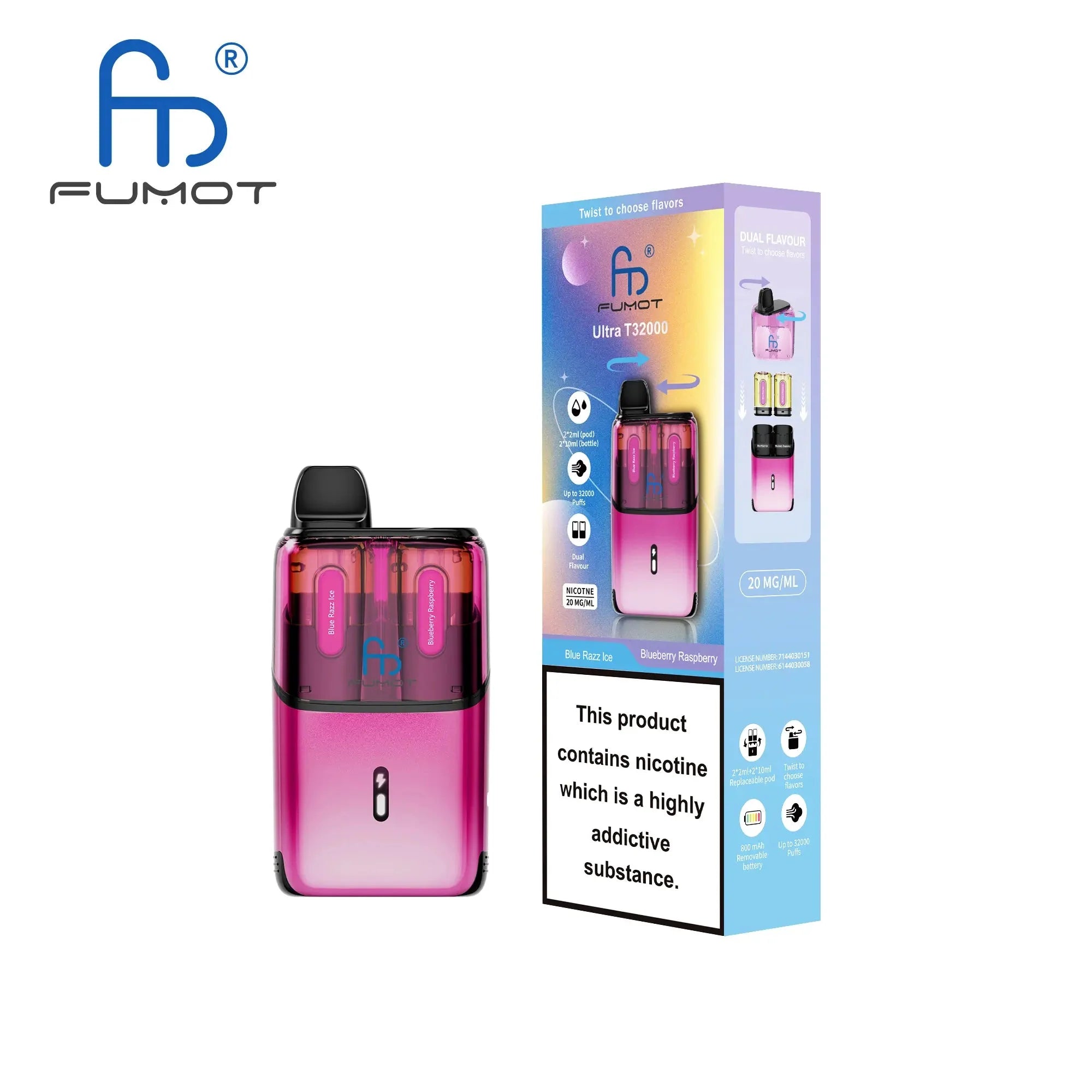 RandM Fumot T32000 Ultra Vape Kit Box of 5 - Blue Razz Ice / Blueberry Raspberry
