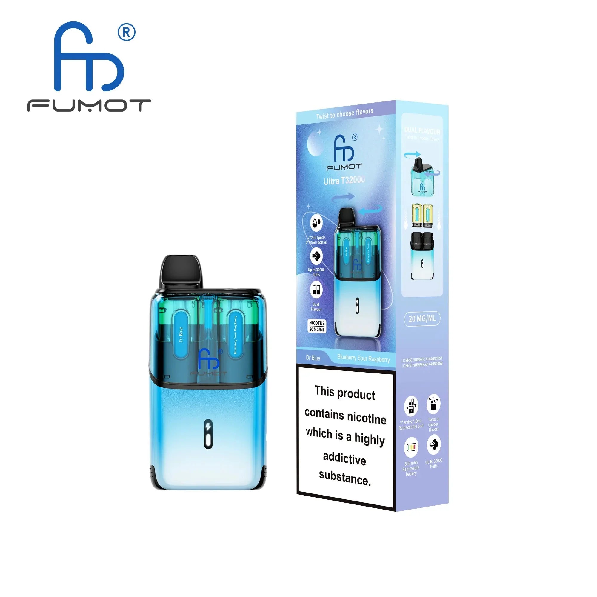 RandM Fumot T32000 Ultra Vape Kit Box of 5 - Dr Blue / Blueberry Sour Raspberry