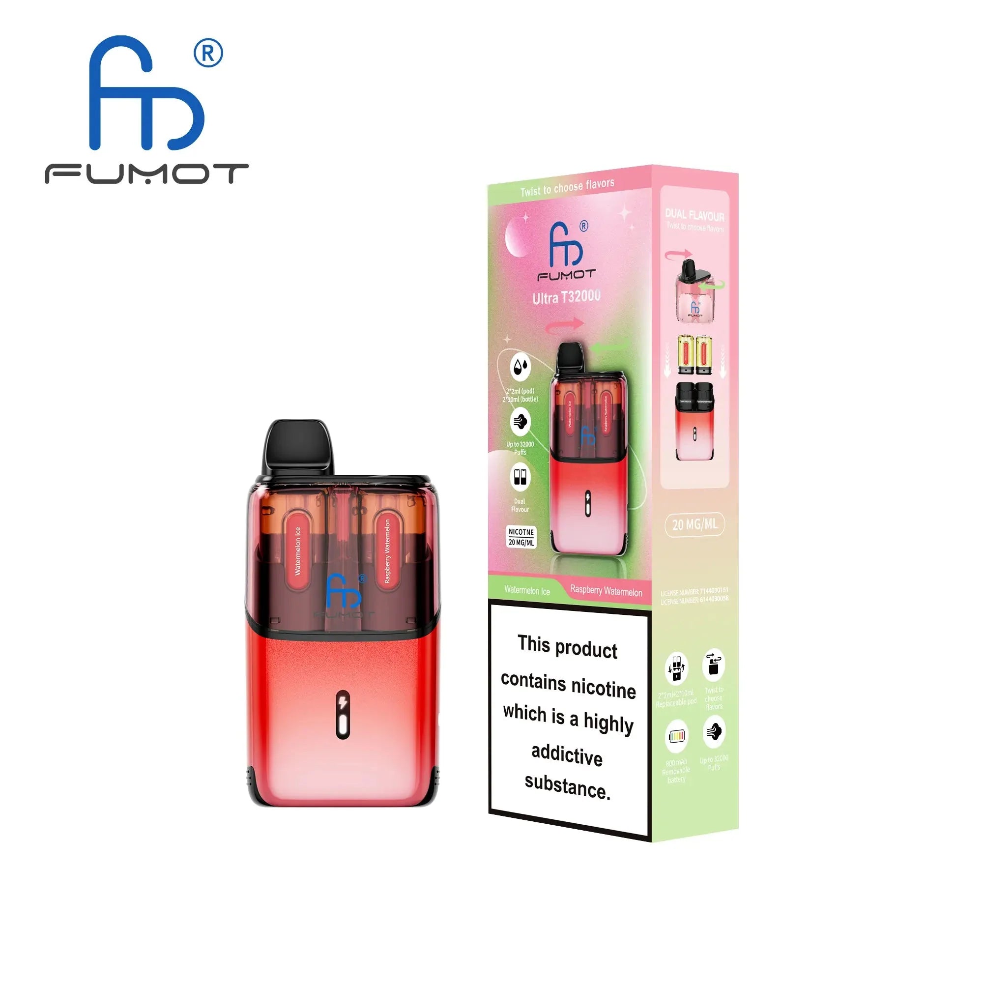 RandM Fumot T32000 Ultra Vape Kit Box of 5 - Watermelon Ice / Raspberry Watermelon