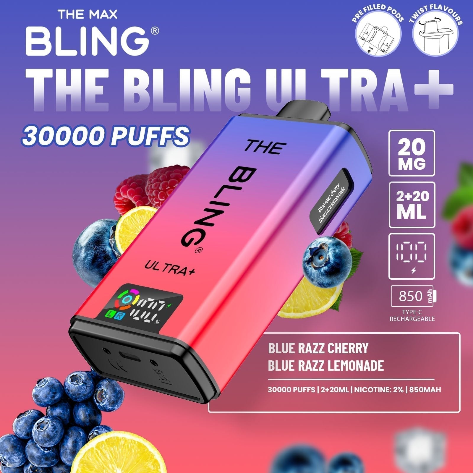 The Bling Ultra Plus 30k Prefilled Vape Pod Kit Box of 5 - Blue Razz Cherry/Blue Razz Lemonade