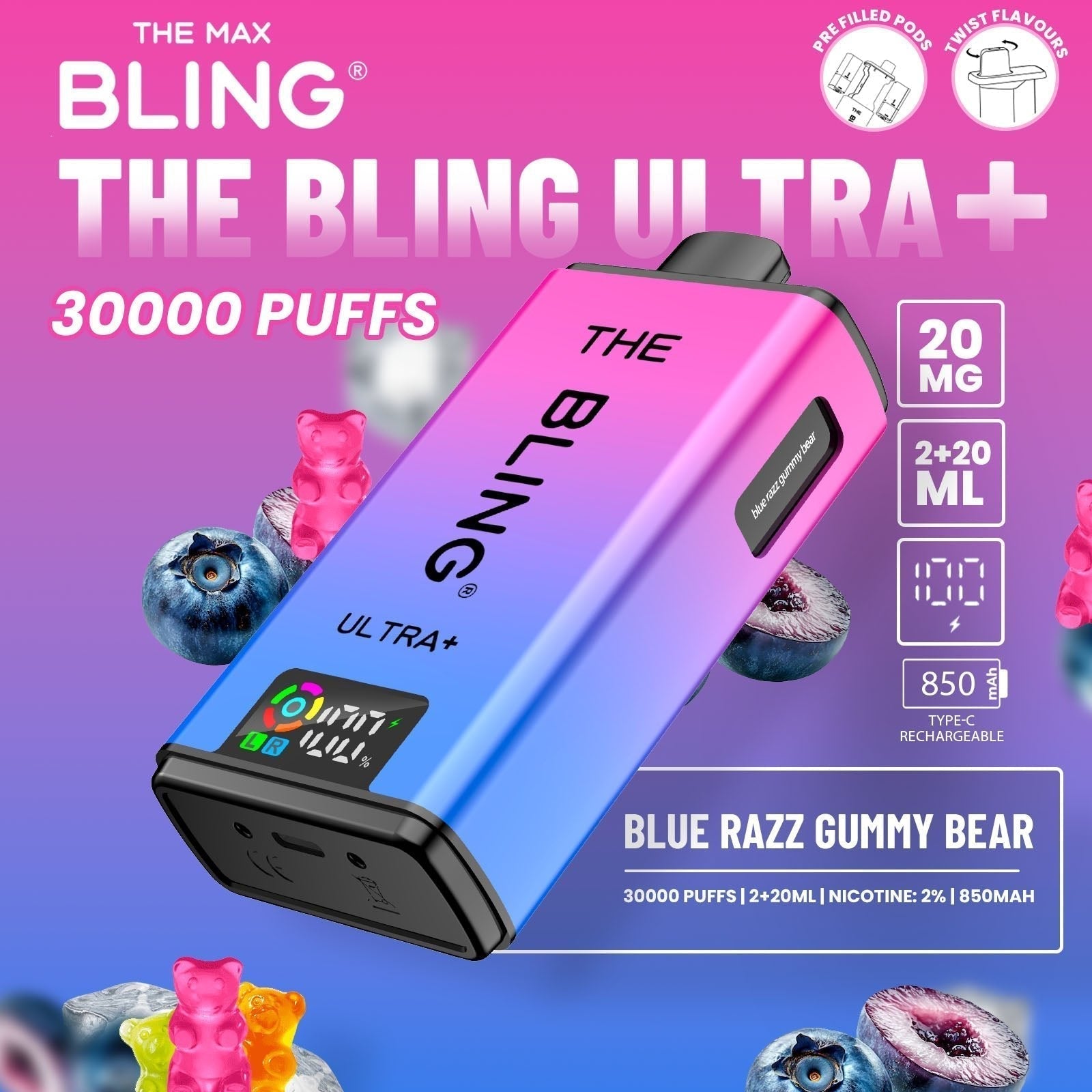 The Bling Ultra Plus 30k Prefilled Vape Pod Kit Box of 5 - Blue Razz Gummy Bear