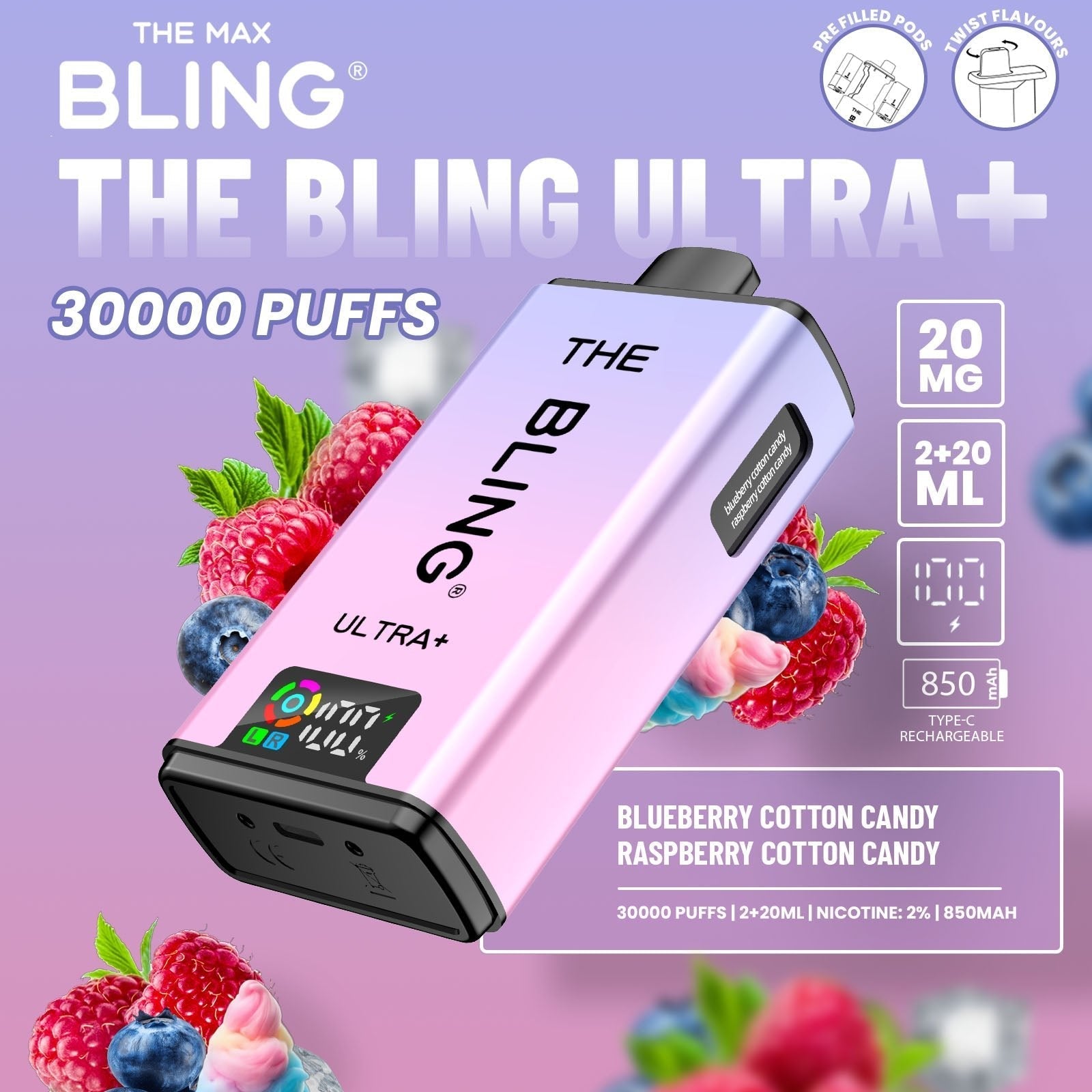The Bling Ultra Plus 30k Prefilled Vape Pod Kit Box of 5 - Blueberry Cotton Candy/Raspberry Cotton Candy