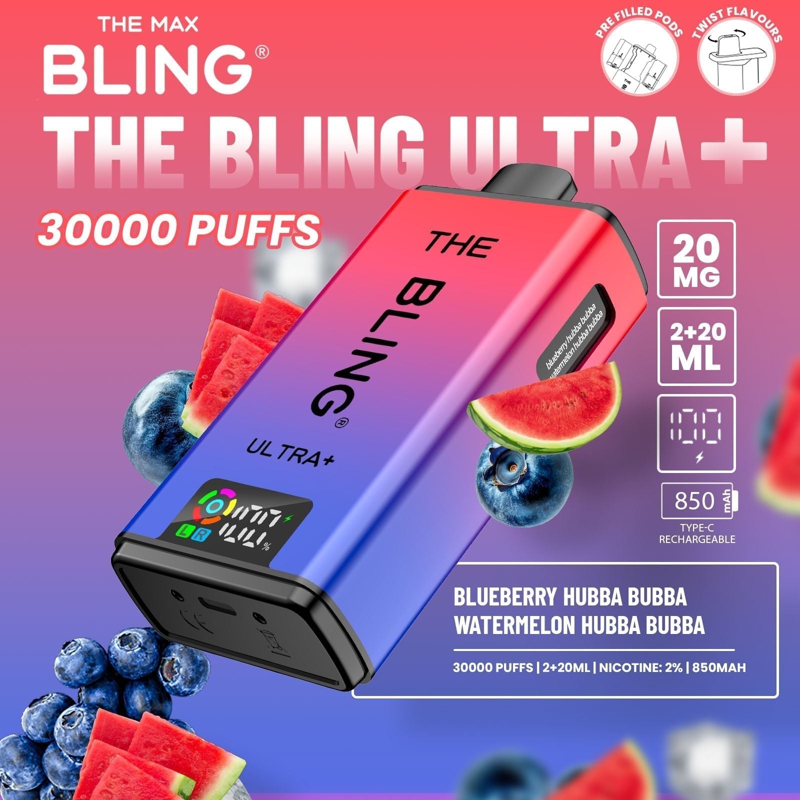 The Bling Ultra Plus 30k Prefilled Vape Pod Kit Box of 5 - Blueberry Hubba Bubba/Watermelon Hubba Bubba
