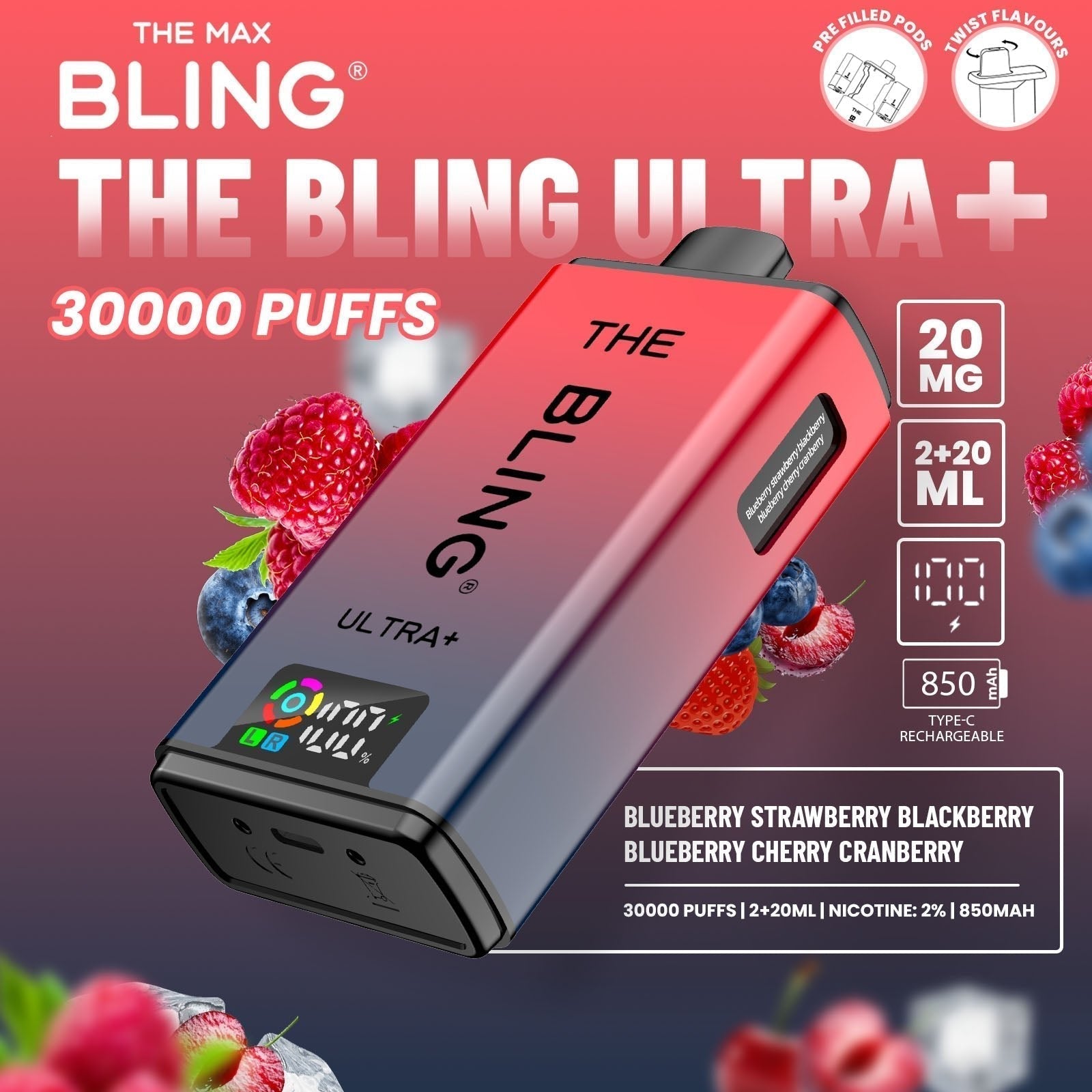 The Bling Ultra Plus 30k Prefilled Vape Pod Kit Box of 5 - Blueberry Strawberry Blackberry/Blueberry Cherry Cranberry