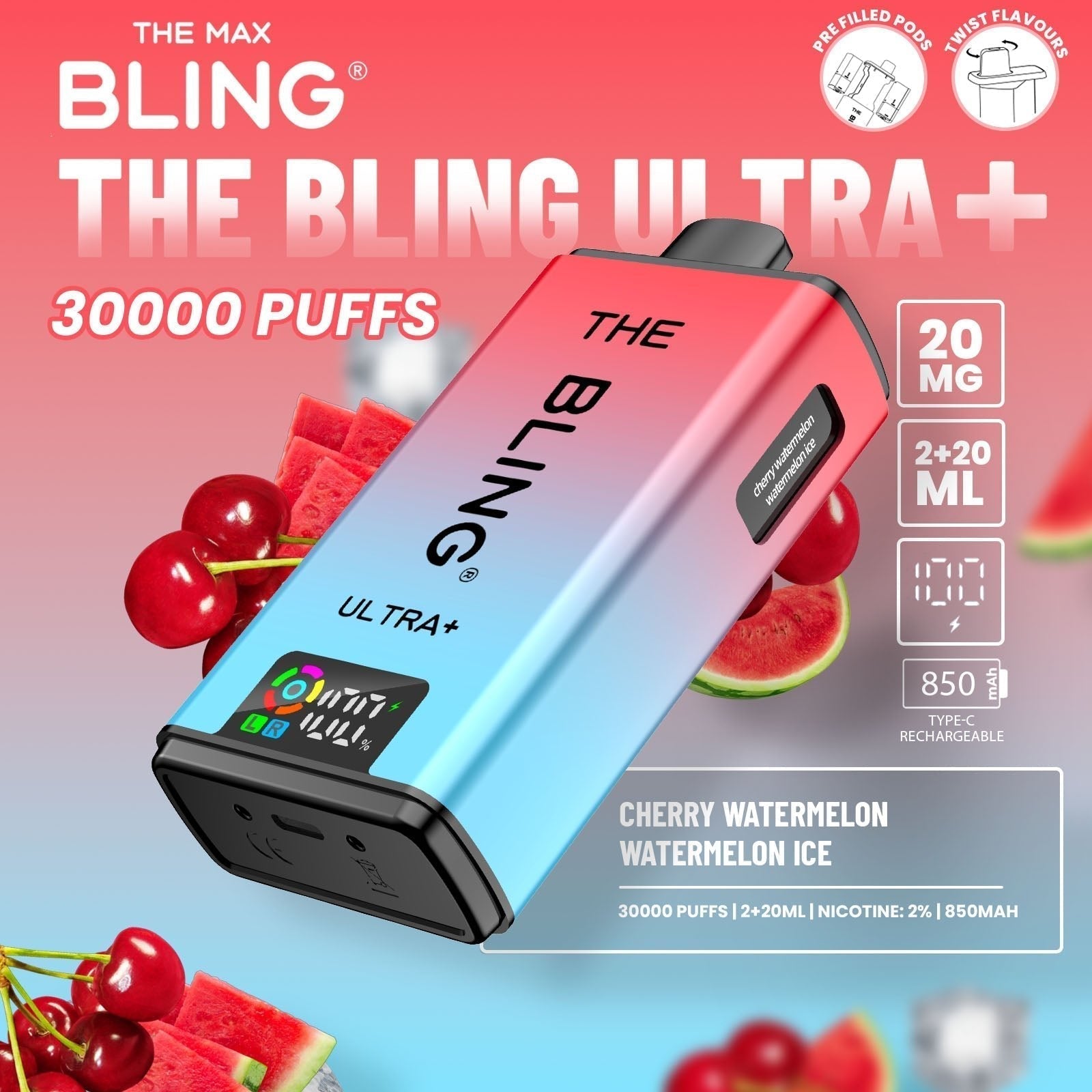 The Bling Ultra Plus 30k Prefilled Vape Pod Kit Box of 5 - Cherry Watermelon/Watermelon Ice