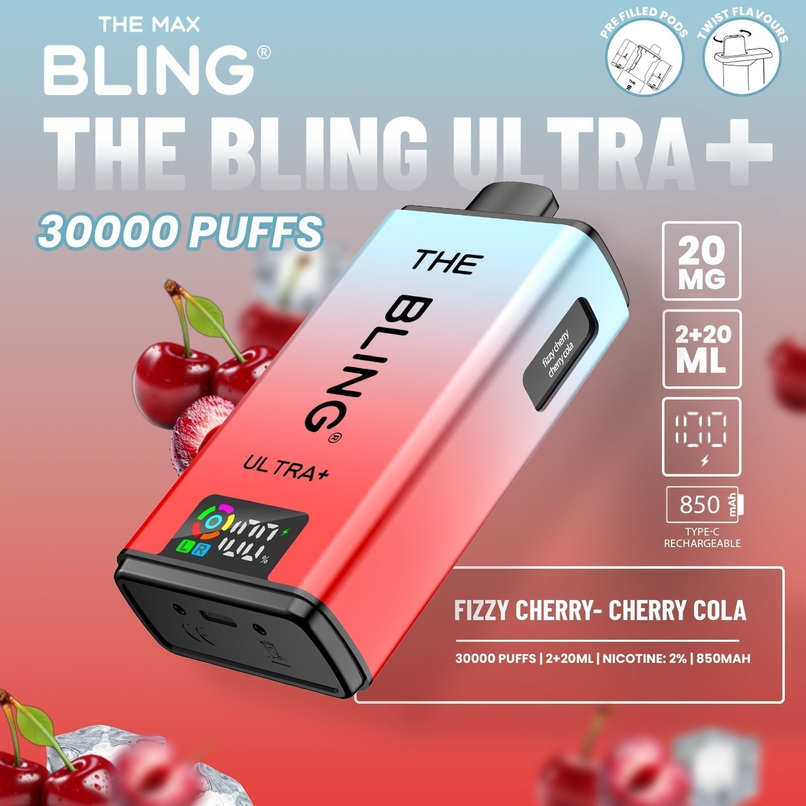 The Bling Ultra Plus 30k Prefilled Vape Pod Kit Box of 5 - Fizzy Cherry/Cherry Cola