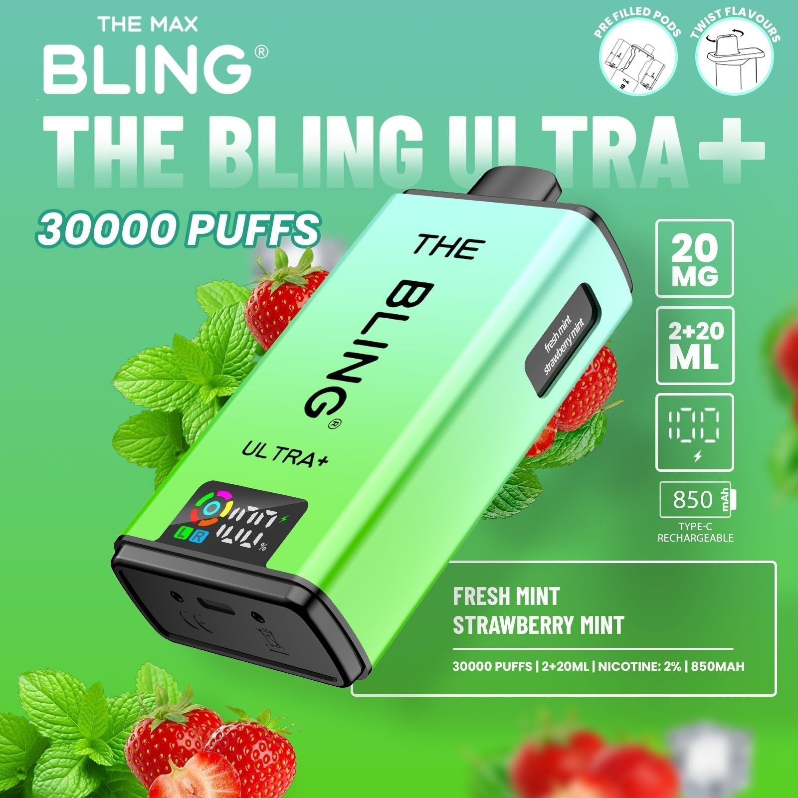 The Bling Ultra Plus 30k Prefilled Vape Pod Kit Box of 5 - Fresh Mint/Strawberry Mint