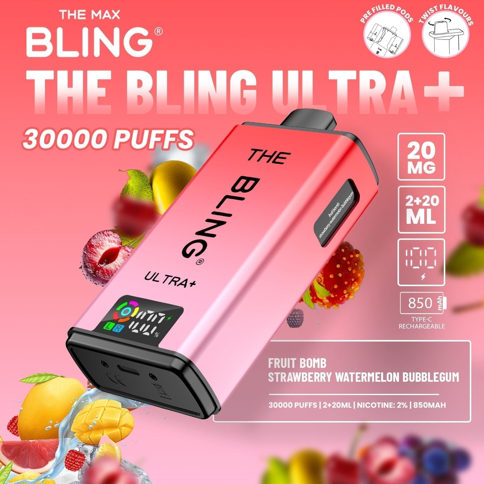 The Bling Ultra Plus 30k Prefilled Vape Pod Kit Box of 5 - Fruit Bomb/Strawberry Watermelon Bubblegum