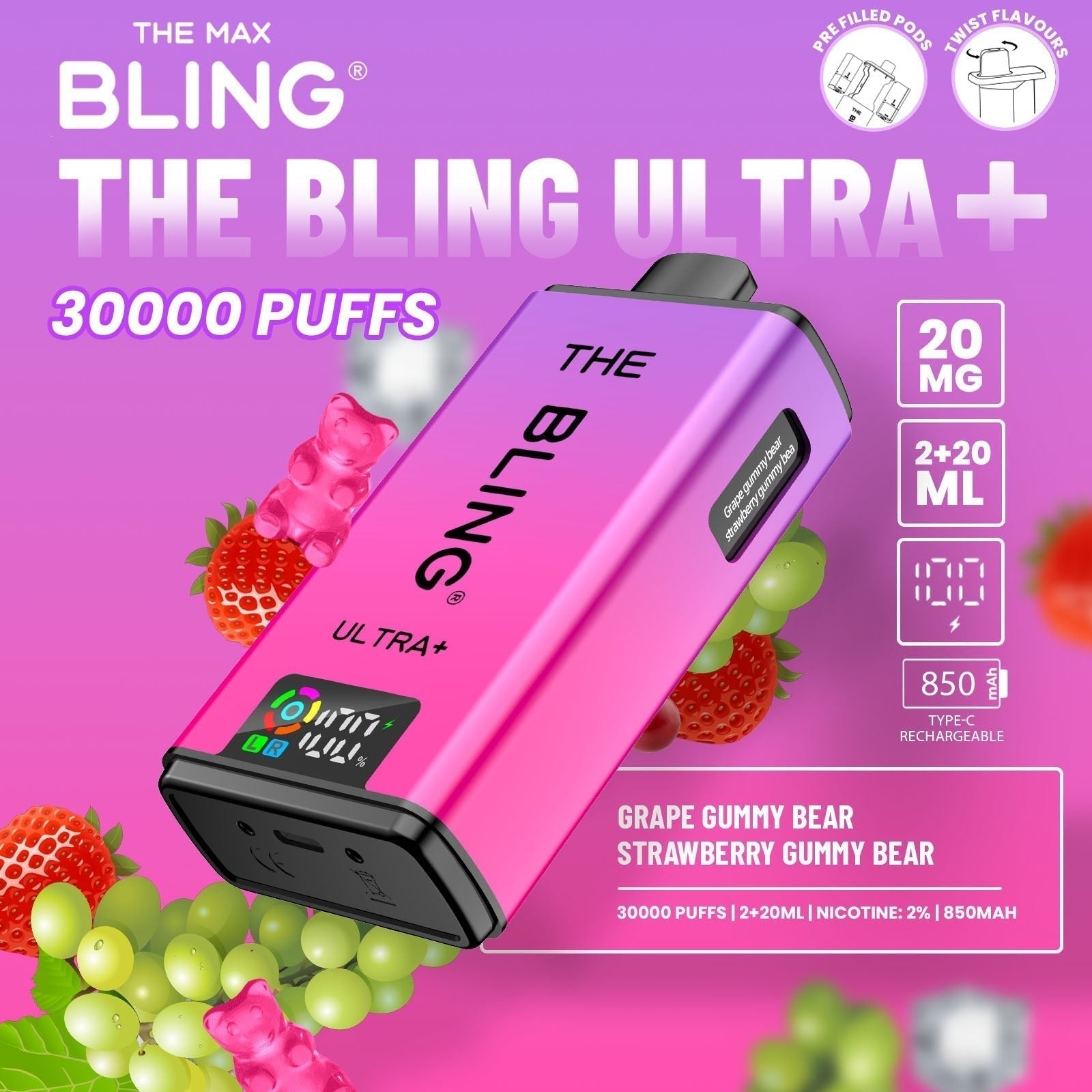 The Bling Ultra Plus 30k Prefilled Vape Pod Kit Box of 5 - Grape Gummy Bear/Strawberry Gummy Bear