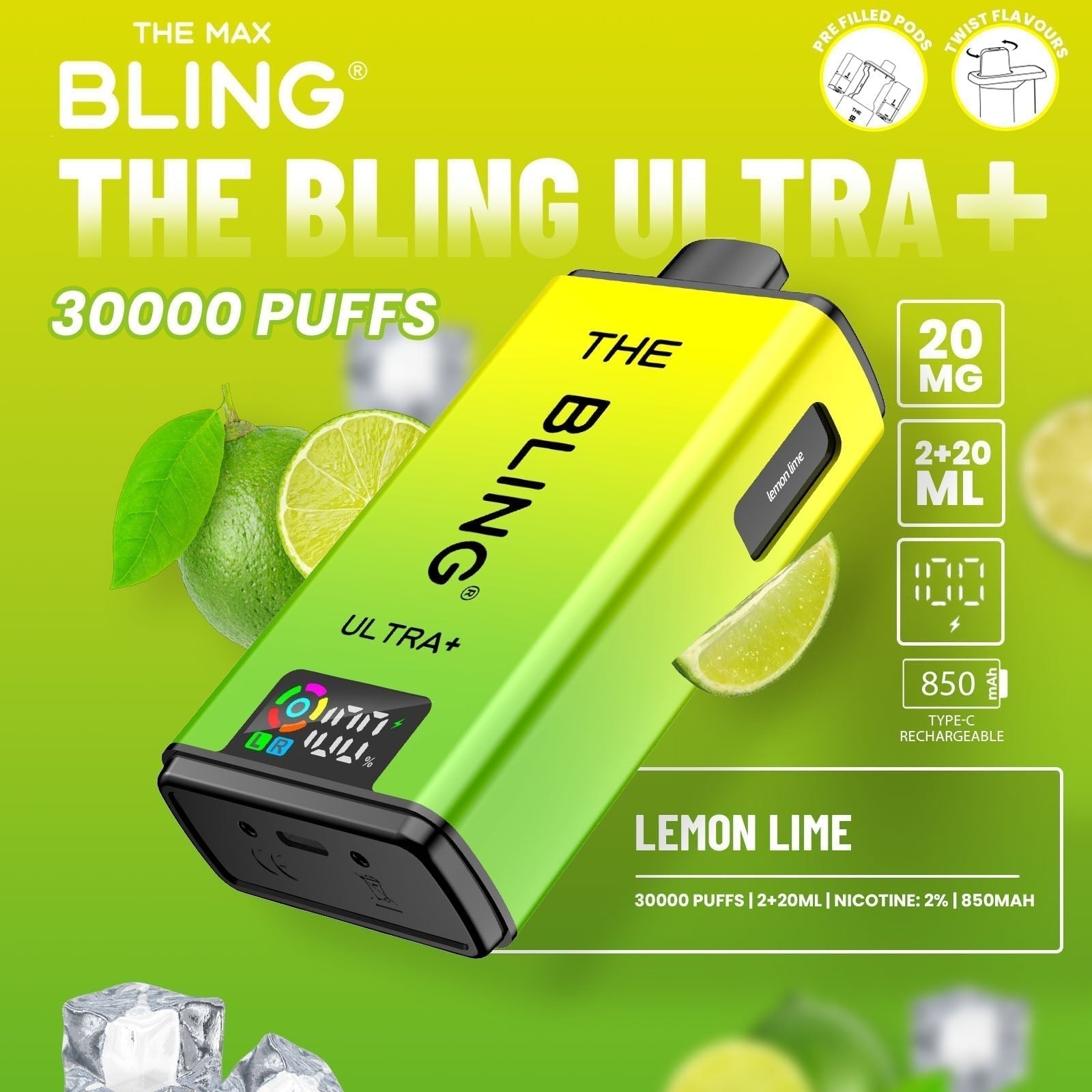 The Bling Ultra Plus 30k Prefilled Vape Pod Kit Box of 5 - Lemon Lime