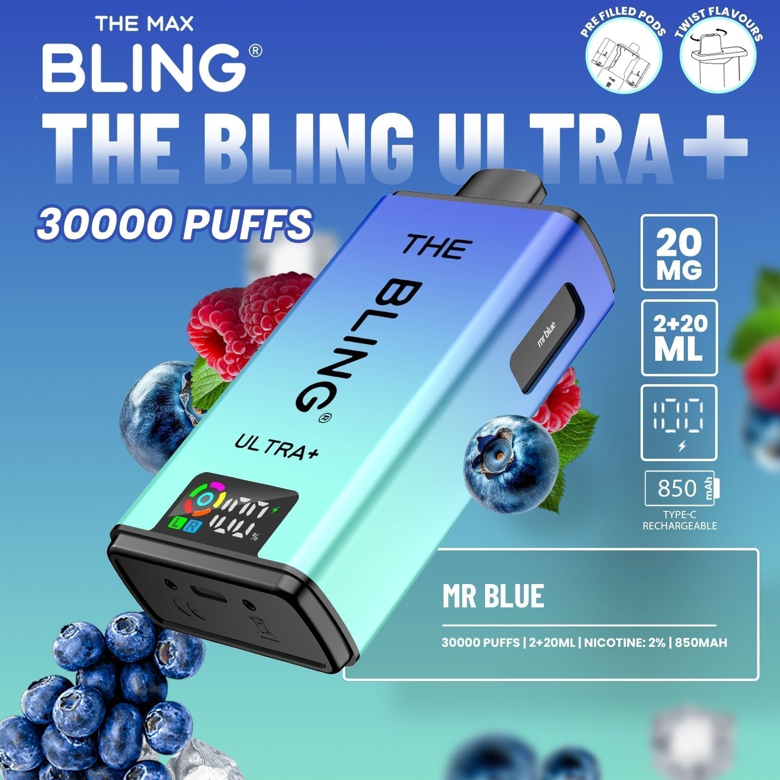 The Bling Ultra Plus 30k Prefilled Vape Pod Kit Box of 5 - Mr Blue