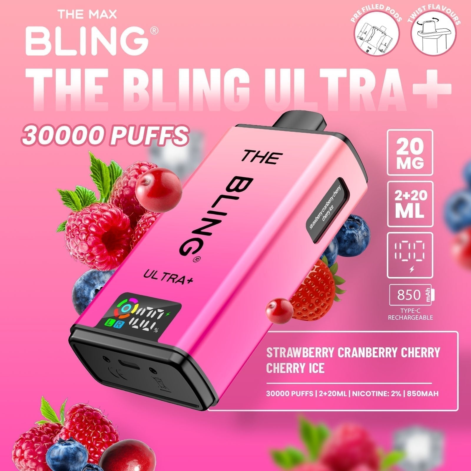 The Bling Ultra Plus 30k Prefilled Vape Pod Kit Box of 5 - Strawberry Cranberry Cherry/Cherry Ice