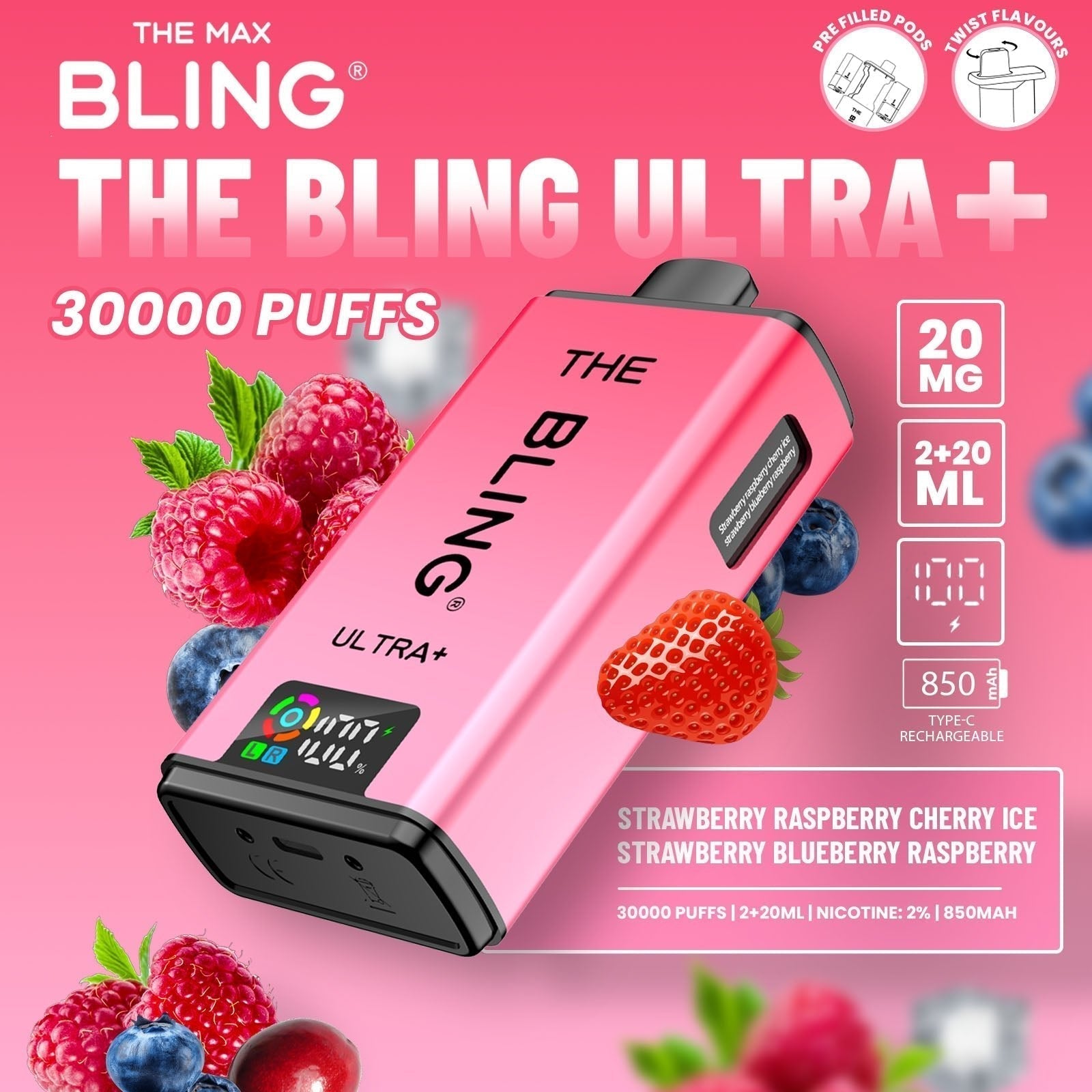 The Bling Ultra Plus 30k Prefilled Vape Pod Kit Box of 5 - Strawberry Raspberry Cherry Ice/Strawberry Blueberry Raspberry