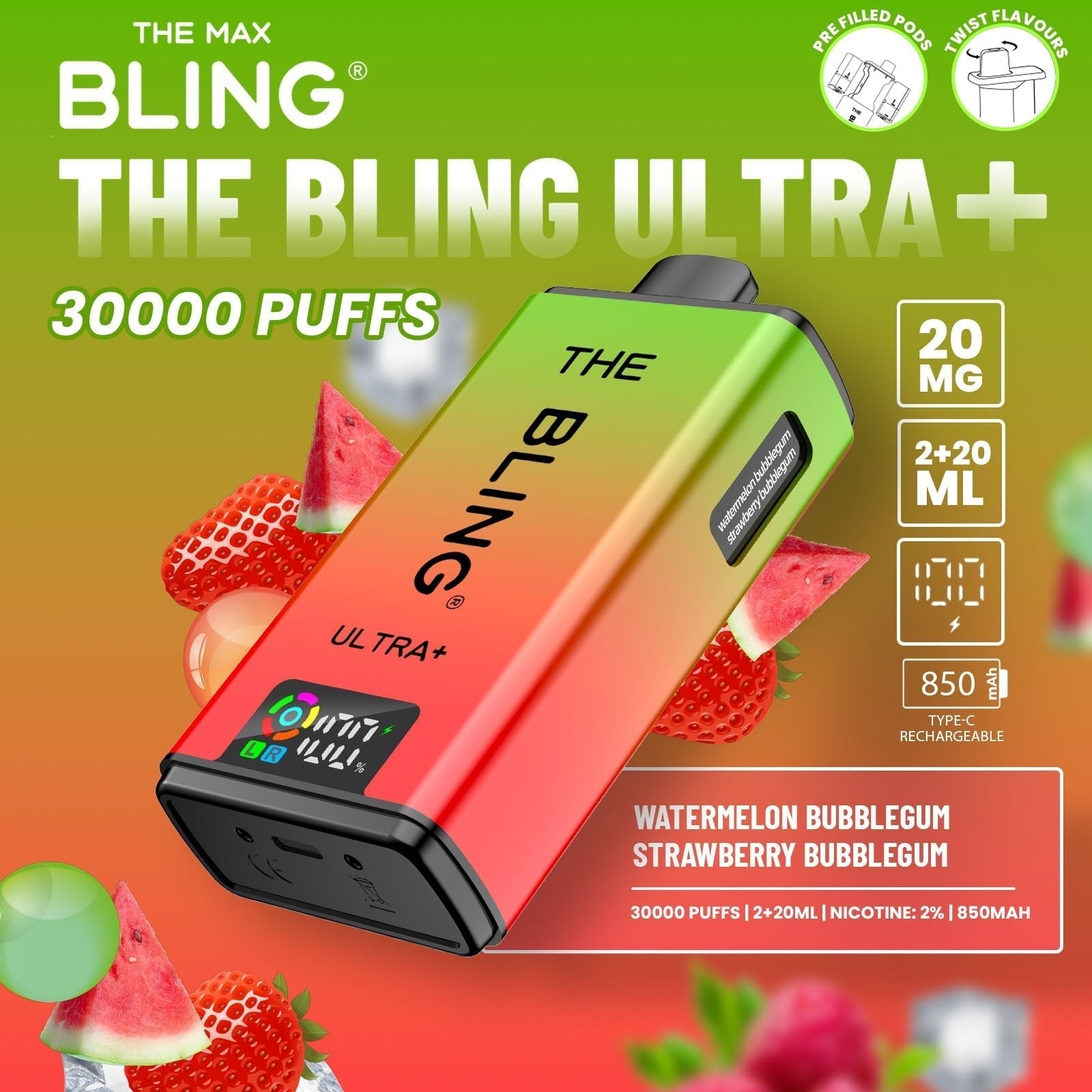 The Bling Ultra Plus 30k Prefilled Vape Pod Kit Box of 5 - Watermelon Bubblegum/Strawberry Bubblegum