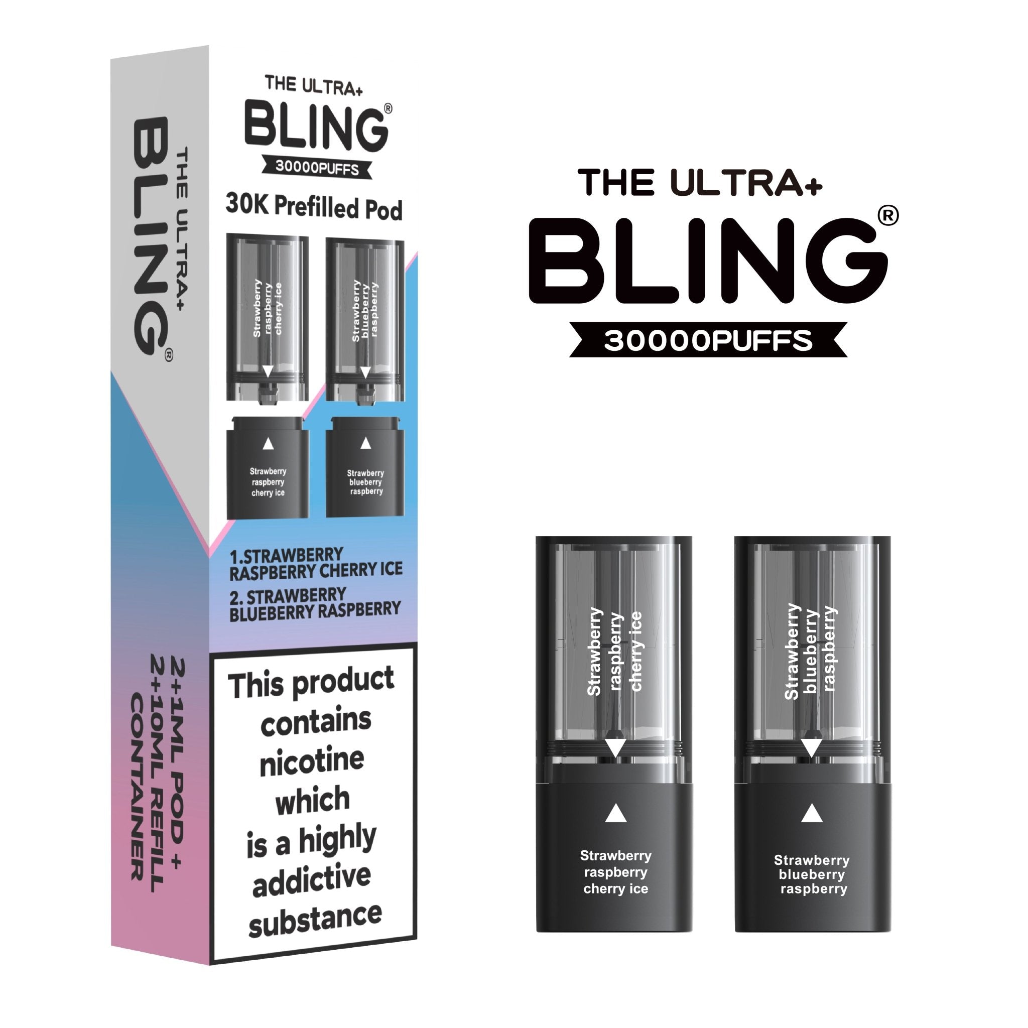 The Bling Ultra Plus 30k Replacement Pods Pack of 5 - Strawberry Raspberry Cherry Ice/Strawberry Blueberry Raspberry