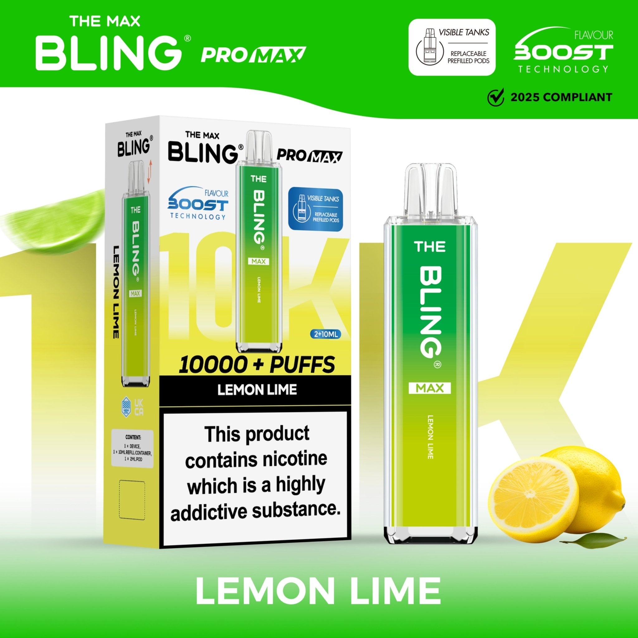 The Crystal Bling Max 10000 Prefilled Vape Pod Kit Box of 5 - Lemon Lime