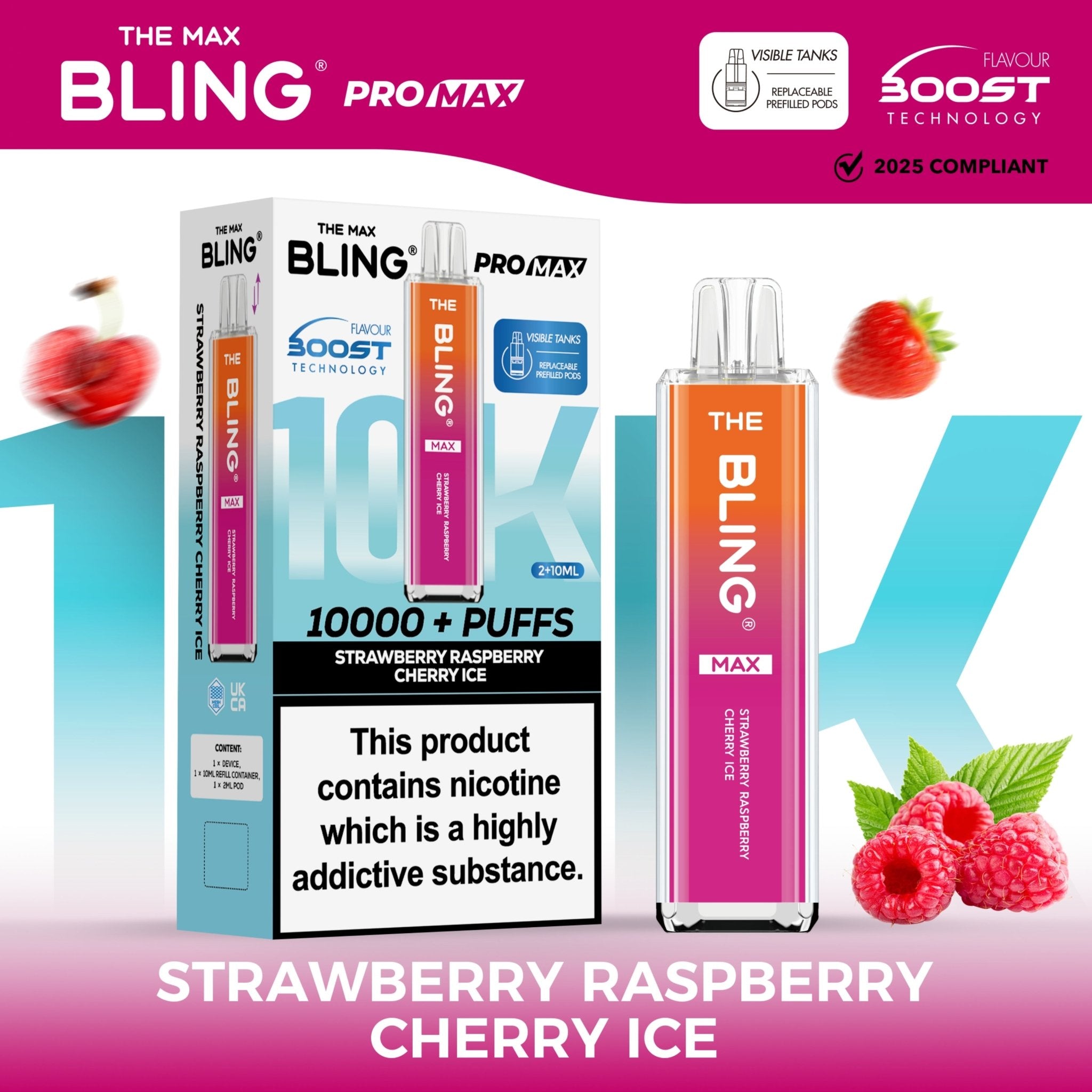 The Crystal Bling Max 10000 Prefilled Vape Pod Kit Box of 5 - Strawberry Raspberry Cherry Ice