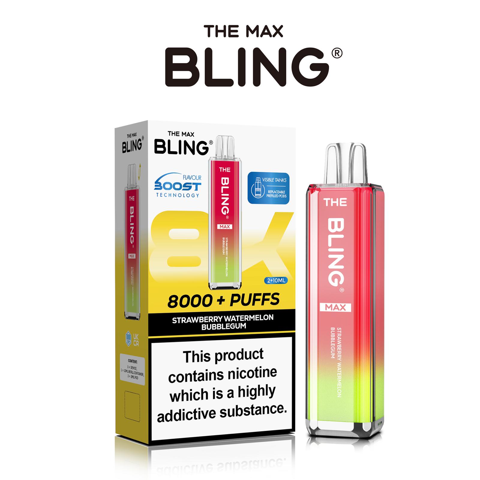 The Crystal Bling Max 8000 Prefilled Vape Pod Kit Box of 5 - Strawberry Watermelon Bubble Gum